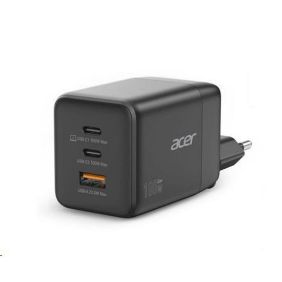 Obrázek ACER Adaptér 100 W GaN charger, 3porty: 2x USB- C + 1x USB- A ports, EU a UK zástrčka, textilní obal, black