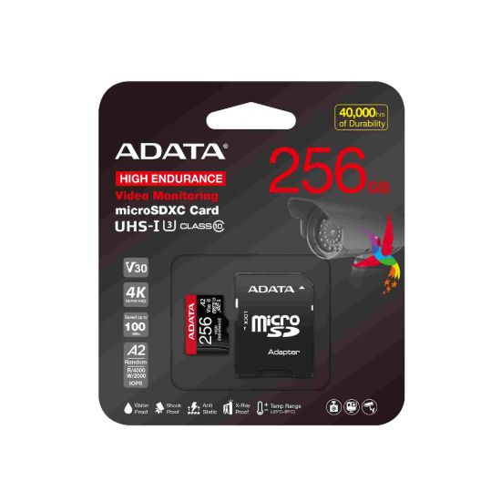 Obrázek ADATA MicroSDXC karta 256 GB High Endurance UHS- I C10 V30 A2 (R: 100/ W: 85 MB/ s) + SD adaptér