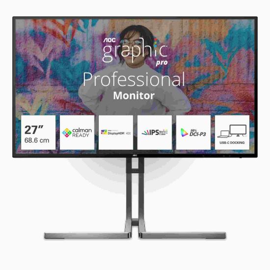 Obrázek AOC MT IPS LCD WLED 27" U27U3CV - IPS nano color, 3840 x 2160, HDMI, DP, USB- C, USB 3.2, RJ45, pivot, repro