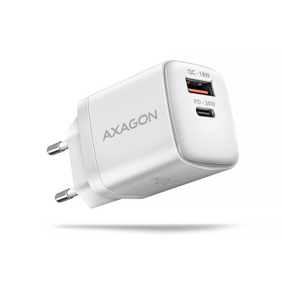 Obrázek AXAGON ACU- PQ20 W, nabíječka do sítě 20 W, 2x port (USB- A + USB- C), PD3.0/ PPS/ QC4+/ AFC/ Apple, bílá