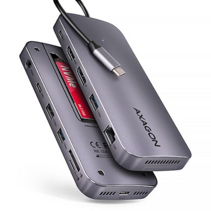 Obrázek AXAGON HMC- 12GM2, USB 10Gbps hub, 3x USB- A, USB- C, HDMI, DP, RJ- 45 GLAN, M.2, SD/ mSD, audio, PD 100 W, kabel USB…