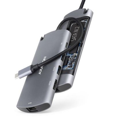 Obrázek AXAGON HMC- 6M2, USB 3.2 Gen 1 hub, porty 2x USB- A, HDMI, RJ- 45 GLAN, SATA M.2 slot, PD 100 W, kabel USB- C 18cm