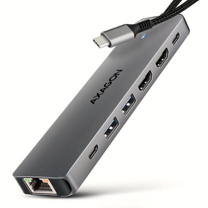 Obrázek AXAGON HMC- 7HX2, USB 5Gbps hub, 2x USB- A, USB- C, 2x HDMI 4k/ 60 Hz, RJ- 45 GLAN, PD 100 W, kabel USB- C 15cm