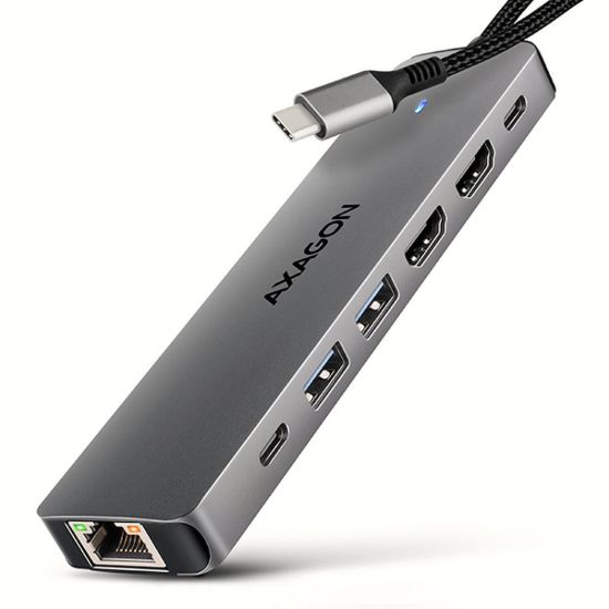 Obrázek AXAGON HMC- 7HX2, USB 5Gbps hub, 2x USB- A, USB- C, 2x HDMI 4k/ 60 Hz, RJ- 45 GLAN, PD 100 W, kabel USB- C 15cm