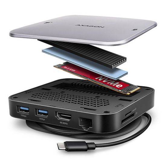 Obrázek AXAGON HMC- UFO, USB 10Gbps hub, 2x USB- A, USB- C, HDMI 4k/ 60, RJ- 45, M.2 slot, SD/ mSD, audio, PD 100 W, kabel USB…
