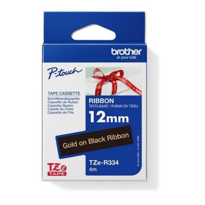 Obrázek BROTHER TZE- R334 - kazeta TZ šířky 12mm, TEXTILNÍ páska 4m- pro tvorbu dárků - NELEPÍCÍ - ČERNÁ PÁSKA, ZLATÝ POTISK…