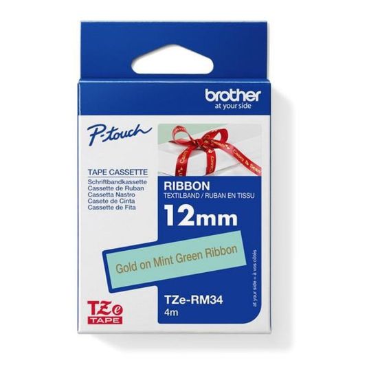 Obrázek BROTHER TZE- RM34 - kazeta TZ šířky 12mm, TEXTILNÍ páska 4m- pro tvorbu dárků - NELEPÍCÍ - MÁTOVÁ PÁSKA ZLATÝ POTISK…