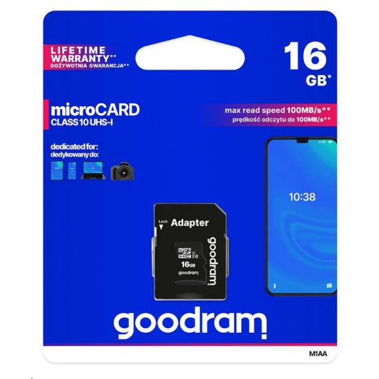 Obrázek GOODRAM MicroSDHC karta 16 GB M1AA, UHS- I Class 10, U1 + adaptér