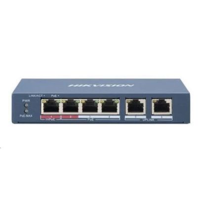 Obrázek Hikvision DS- 3E1106HP- EI, Smart switch 1x 100TX HI- PoE + 3x 100TX PoE; 2x 100TX uplink, 60 W, Super PoE