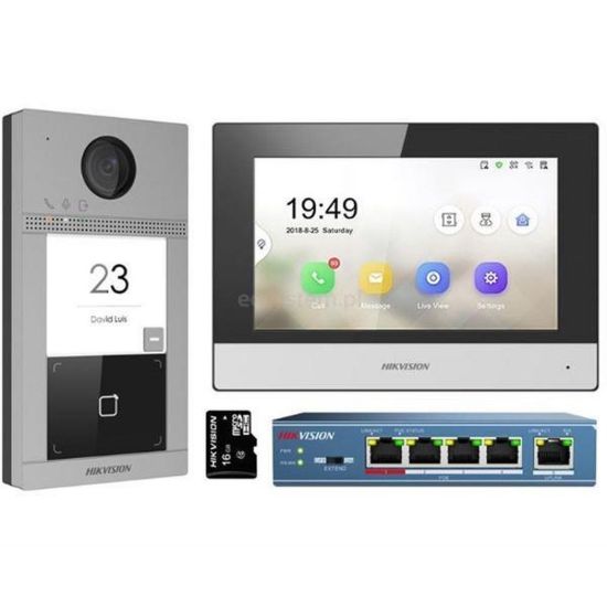 Obrázek HIKVISION DS- KIS604- S(C)Kit IP videotelefonu, bytový monitor + dveřní stanice + switch + microSD