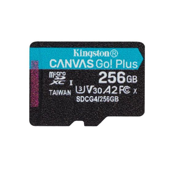 Obrázek Kingston MicroSDXC karta 256 GB Canvas Go! Plus, R: 200/ W: 160MB/ s, Class 10, UHS- I, U3, V30, A2 + Adaptér