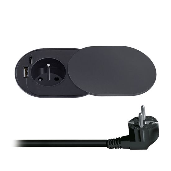 Obrázek Solight 1z + USB A+C 20 W PD vestavná zásuvka s posuvným víčkem, 2m, matná černá