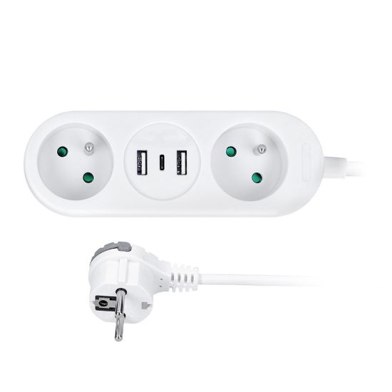 Obrázek Solight 2z + USB A+C 17 W, cestovní prodlužovací přívod 1.5m, bílý