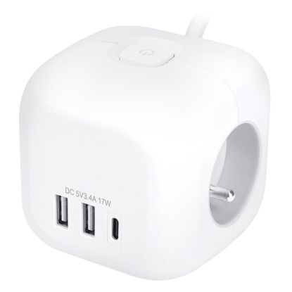 Obrázek Solight 3z + USB A+C prodlužovací přívod - kostka, kabel 2m, 3 x 1mm2, bílý, vypínač