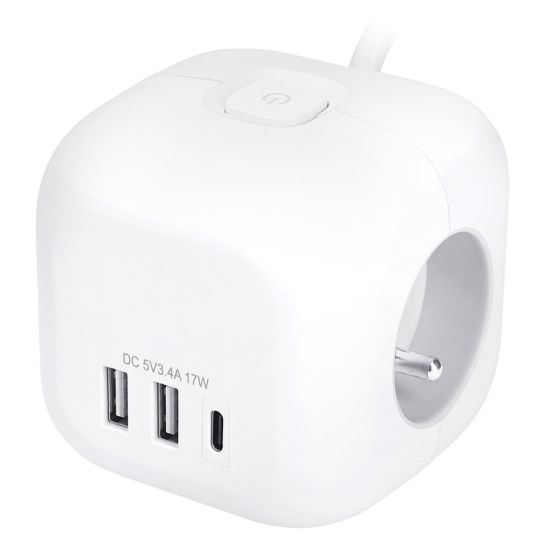Obrázek Solight 3z + USB A+C prodlužovací přívod - kostka, kabel 2m, 3 x 1mm2, bílý, vypínač