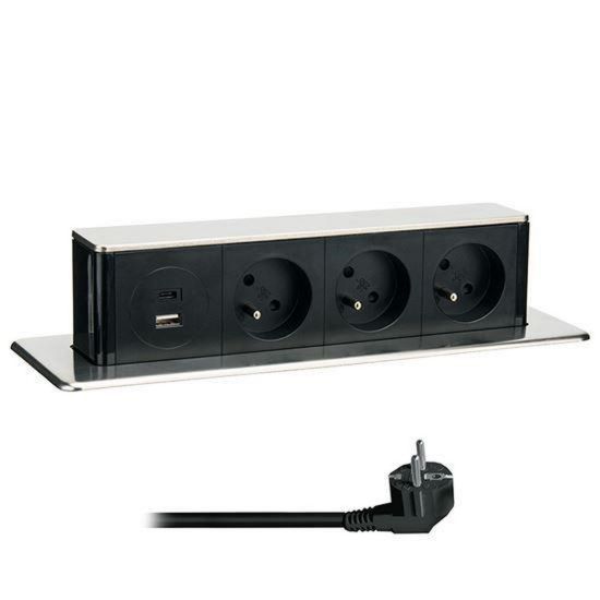 Obrázek Solight 3z + USB A+C výsuvný blok zásuvek, 2m, nerez ocel