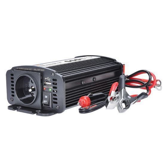 Obrázek Solight invertor 12V, USB 500mA, kovový, černý, max. zatížení: 300 W