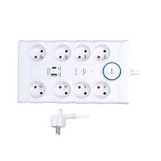 Obrázek Solight přepěťová ochrana, 8z, USB A+C, 2m, bílá