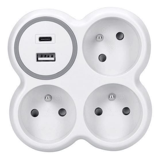 Obrázek Solight rozbočka, 3x 15A, USB nabíječka A+C, bílá- šedá