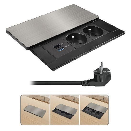 Obrázek Solight vestavný blok zásuvek s posuvným krytem, 2 zásuvky, USB A+C 20 W PD, 2m, stříbrný