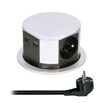 Obrázek Solight výsuvný blok zásuvek, 3 zásuvky, 2x USB, kruhový tvar nízký, prodlužovací přívod 1, 5m, 3 x 1mm2, stříbrný